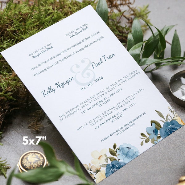 Vietnamese-American Wedding Invitation & RSVP Card Template | Fully Customizable in Canva | Blue Modern Floral Design