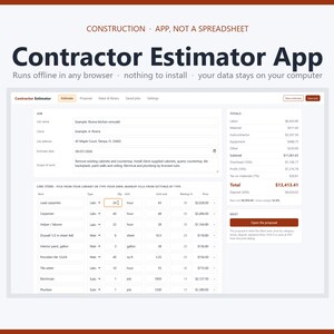 Op de afbeelding: Een digitale interface voor een aannemerscalculatie-app met een formulier voor projectdetails, een tabel voor arbeid en materialen, en een totaaloverzicht. De tekst luidt: CONSTRUCTION APP, NOT A SPREADSHEET, Contractor Estimator App.