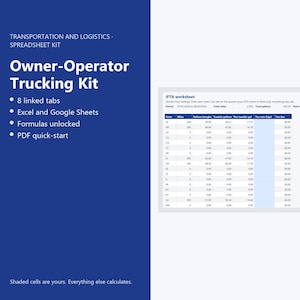 May include: A digital Owner-Operator Trucking Kit spreadsheet for Excel and Google Sheets. The blue interface displays text including Transportation and Logistics Spreadsheet Kit, 8 linked tabs, formulas unlocked, PDF quick-start, and an IFTA worksheet.