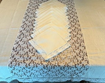 Lace Tablecloth & 12 napkins Vintage floral lace and cotton rectangle tablecloth 86x62 creamy white