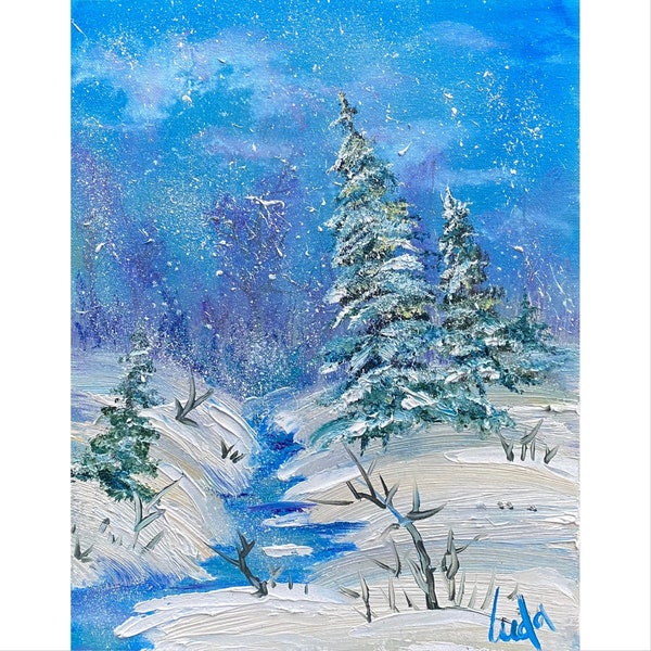 Impasto Snowy Winter Forest Cold Snow Trees Woods Landscape Oil Painting on Canvas Board Size 14x11 inches Original Art Hand-Painted Nature