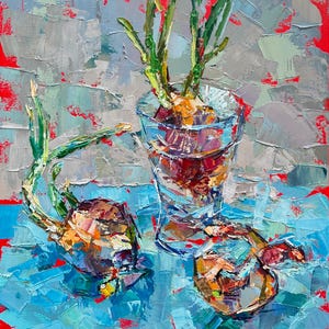 Kitchen Still Life of Spring Onions Oil Painting on Canvas Size 20x16 Inches Palette Knife Art Original Food Vegetable Kitchen Wall Decor