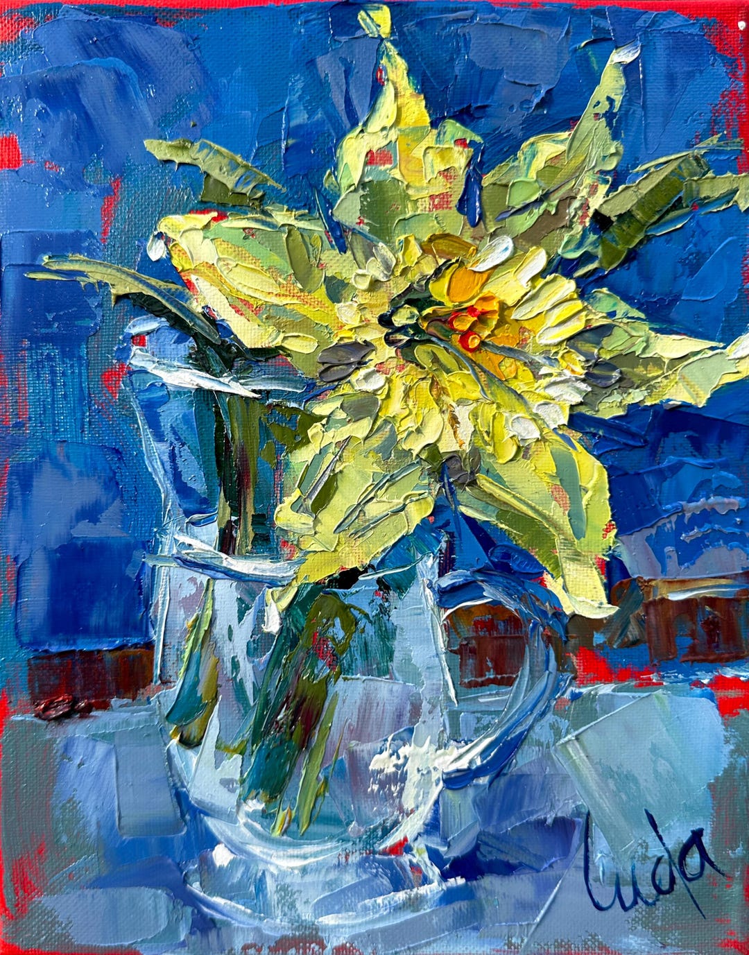 Yellow Dahlia Daffodils Narcissus Flower Oil Painting on Stretched ...