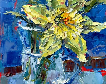 Yellow Dahlia Daffodils Narcissus Flower Oil Painting on Stretched Canvas Size 10x8 Inch Original Impasto Floral Art Hand-Painted Wall Decor