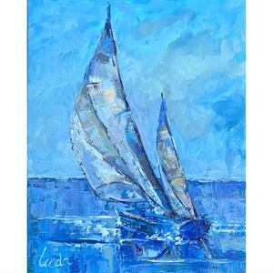 Pintura de barco à vela de oceano de paisagem marinha impasto, barco na água, paisagem de férias, barco, pintura a óleo sobre tela, tamanho 20x16 polegadas, decoração de arte original