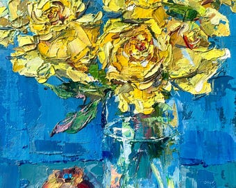 黄色のバラ 油彩画 　静物画　写実絵画 黄色いバラのオリジナル油絵、花の壁掛けアート、厚塗り油絵、植物画