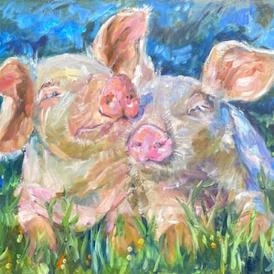 Two in Love Pigs Cute Couple Pig Oil Painting on Canvas Size 24x30 inches Original Art Handmade Hand-Painted Wall Decor