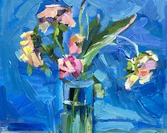 Impasto Wildflowers Oil Painting on Blue Background Size 20x16 Inches Original Floral Still Life on Stretched Canvas Hand-Painted Art Decor