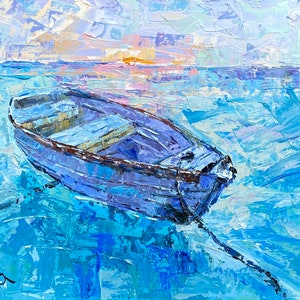 Art Impasto Seascape Boat in the Middle of an Ocean Sailboat Sea Painting Landscape Vacation Oil Painting on Hardboard Size 18x24 inches