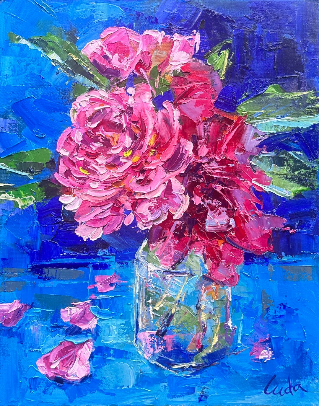 Floral Pink and Red Roses Flowers in a Glass Vase Flower Bouquet Oil ...