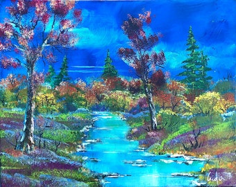 Nature Autumn Forest Landscape Oil Painting on Canvas Size 16x20 inches Original Art Hand-Painted Wall Decor