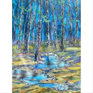 Nature Forest of Trees With a River Woods Landscape Oil Painting on Canvas Size 40x30 inches Aesthetic Home Wall Art Decor Original Art
