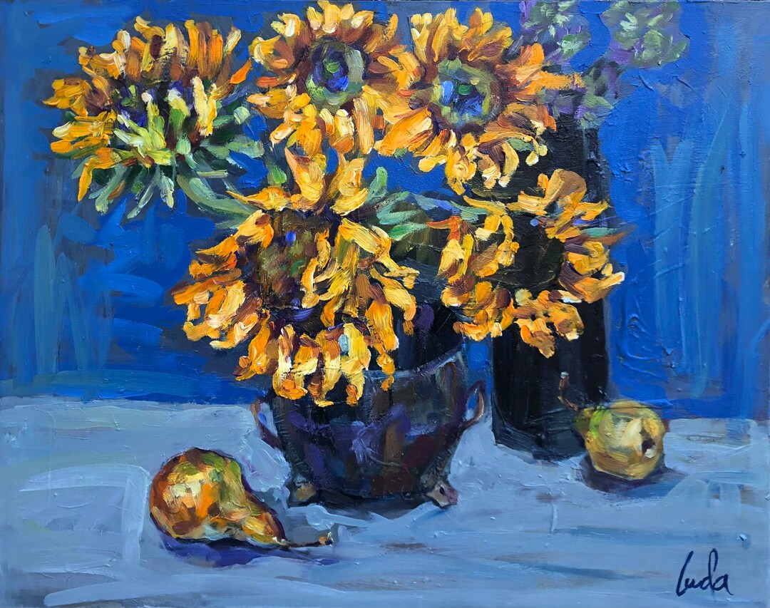 Still Life Yellow Sunflowers in a Vase With Pears Oil Painting on ...