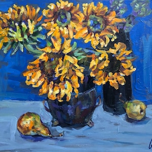 Still Life Yellow Sunflowers in a Vase with Pears Oil Painting on Canvas Size 24x30 Inches Handmade Hand-Painted Original Art Wall Decor
