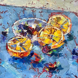 Kitchen Still Life of Citrus Oranges and Figs Oil Painting on Canvas Size 20x20 inches Food Fruit Hand-Painted Aesthetic Home Wall Decor Art