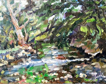 Handmade Hand-Painted Green Forest Landscape Oil Painting on Hardboard Size 18x24 inches Original Art Wall Decor