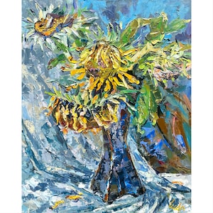 Handmade Hand-Painted Still Life of Sunflowers in a Vase Oil Painting on Canvas Size 30x24 Inches Original Art Wall Decor