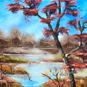 Handmade Hand-Painted Nature Swamp Lake Landscape Oil Painting on Canvas Size 16x20 inches Original Art Wall Decor
