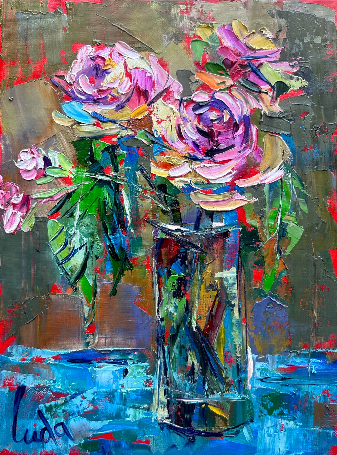 Impasto Vibrant Floral Still Life Painting of a Bouquet of Pink Roses ...
