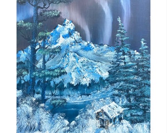 Northern Lights Aurora Borealis Winter Forest Landscape with a Small Cabin in the Woods Oil Painting on Canvas Size 30x24 inches Handmade