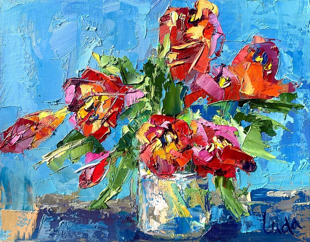 Impasto Flowers Tulip Bouquet Oil Painting on Canvas Board Size 11x14 ...