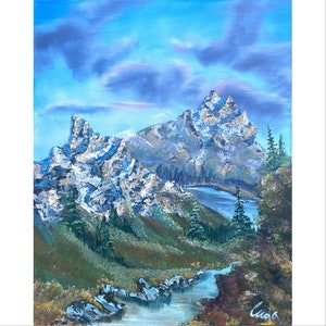 Mountain Landscape with River Nature Oil Painting on Canvas Size 30x24 inches Handmade Hand-Painted Original Art