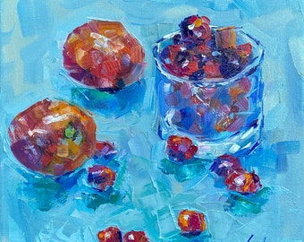 Fruits et légumes cuisine nature morte peinture à l'huile de tomates rouges et canneberges peinture à l'huile sur toile taille 30 x 30 cm oeuvre d'art originale
