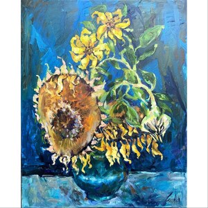 Still Life Sunflowers in a Vase Oil Painting on Canvas Size 30x24 inches Hand-Painted Original Art Wall Decor Handmade