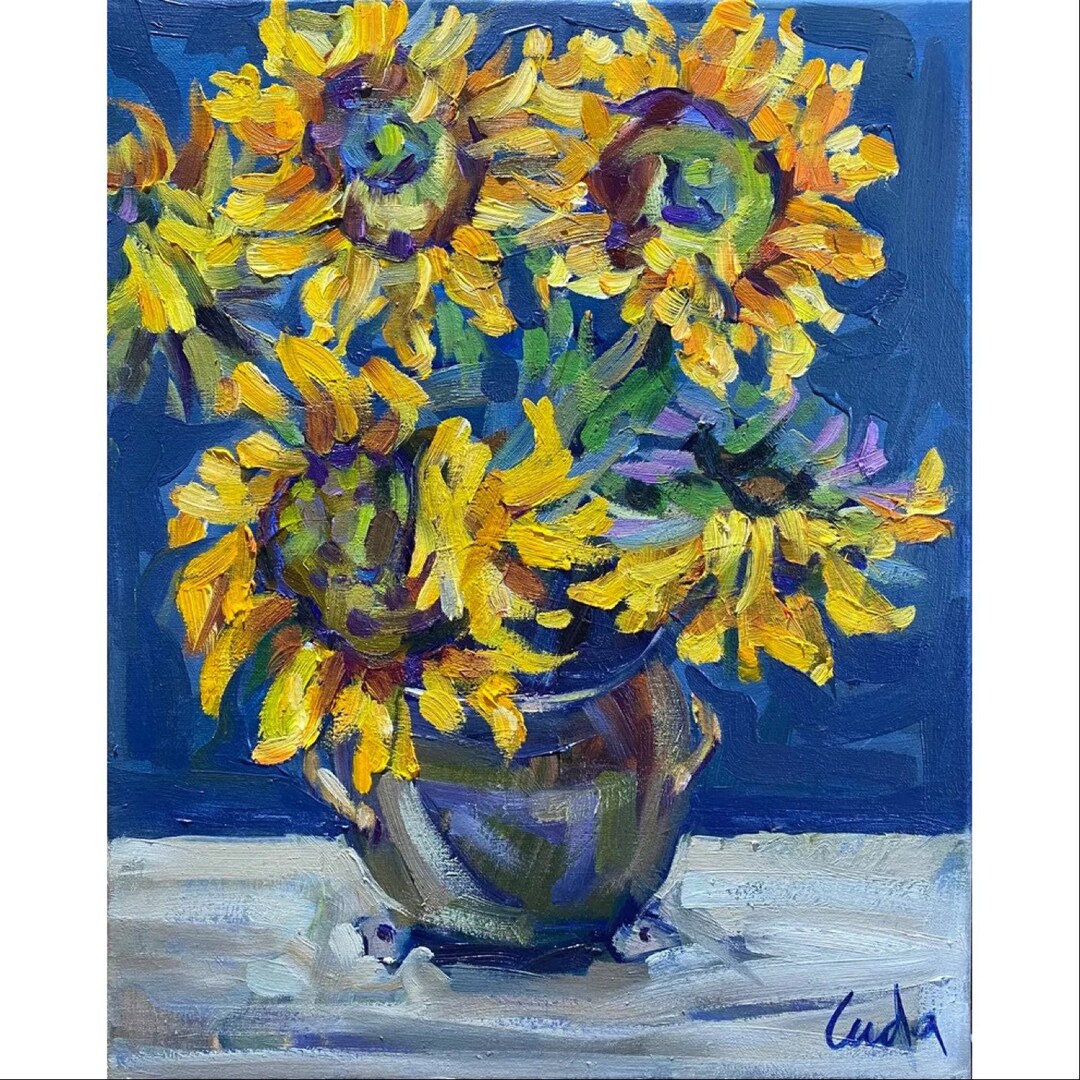 Still Life Yellow Sunflowers in a Vase Oil Painting on Canvas Size ...