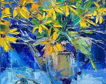 Impasto Floral Still Life Yellow Wildflowers in a Vase Original Flower Art Oil Painting on Canvas Size 20x16 in Hand-Painted Home Wall Decor
