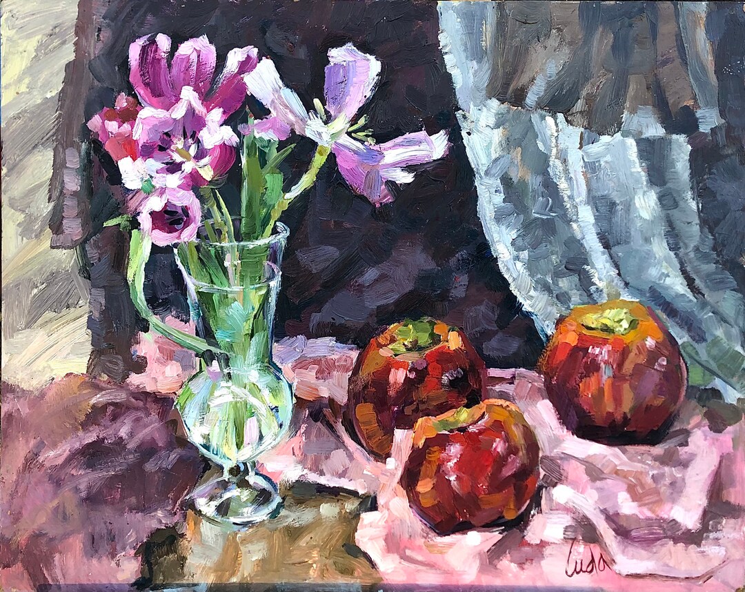 Still Life of Flowers in a Glass Vase and Apples Oil Painting on ...