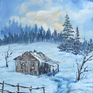 Snow Winter Landscape With a Cabin in the Woods Oil Painting on Canvas ...