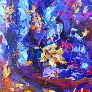 Abstract Nature Autumn Forest Fall Leaves Oil Painting on Canvas Size 10x8 inches Original Palette Knife Art Hand-Painted Home Wall Decor
