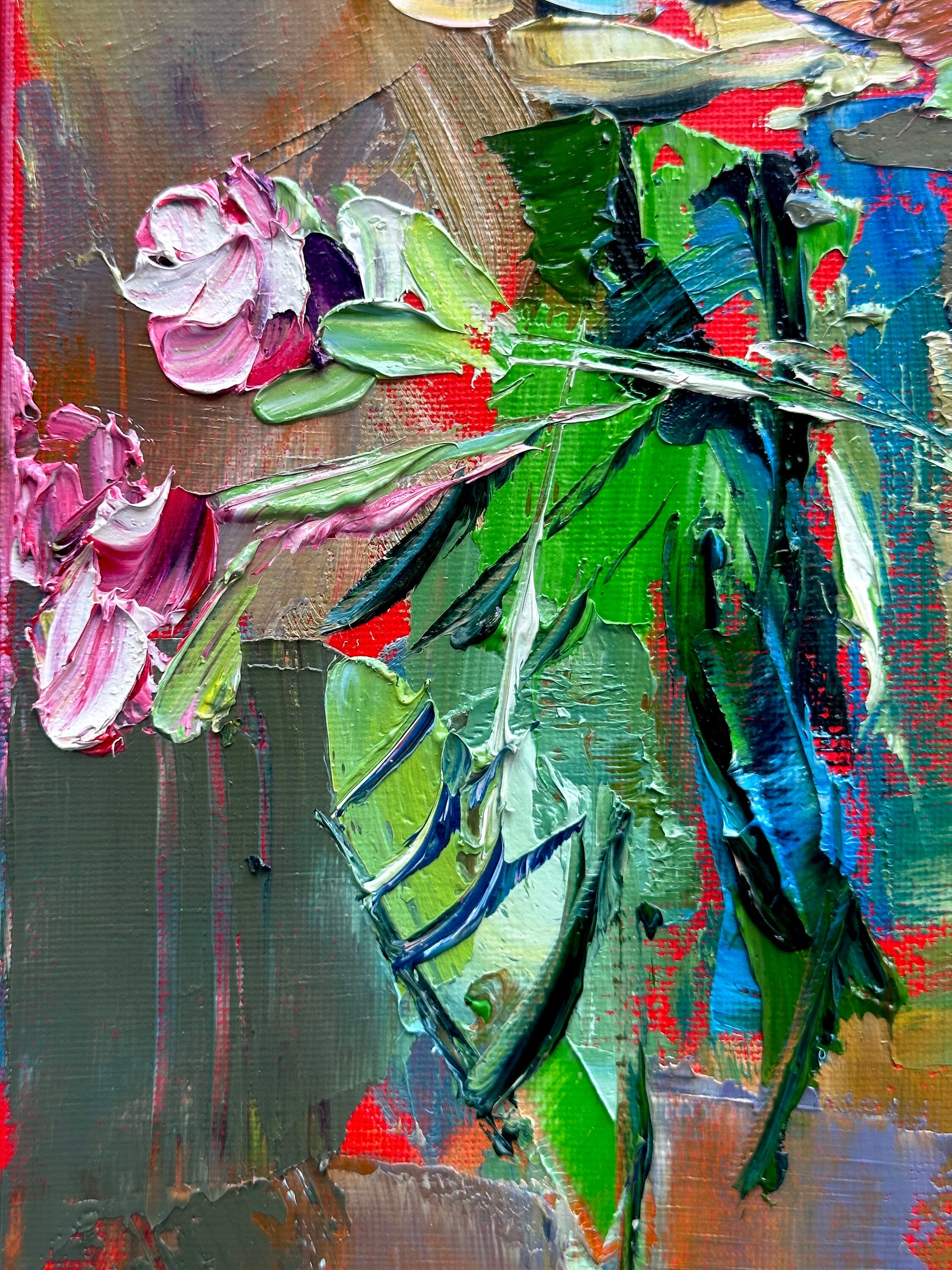 Impasto Vibrant Floral Still Life Painting of a Bouquet of Pink Roses ...