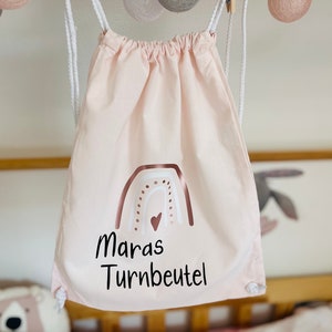 Mädchen Kinder Turnbeutel rosa, rosegold, mit Regenbogen für Kindergarten, Grundschule oder Freizeit, personalisiert mit Namen