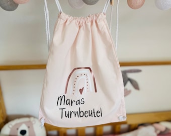 Mädchen Kinder Turnbeutel rosa, rosegold, mit Regenbogen für Kindergarten, Grundschule oder Freizeit, personalisiert mit Namen