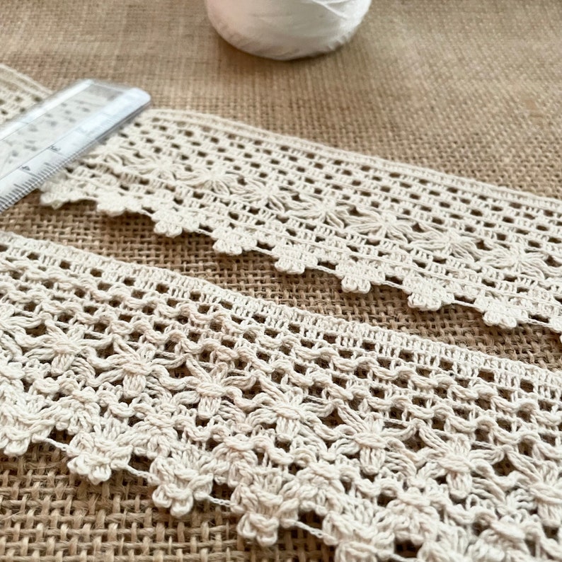 Handmade 100% Cotton Crochet Lace Trim 45mm Unbleached Natural Cotton Lace, ivory braided trim, beige color lace image 4