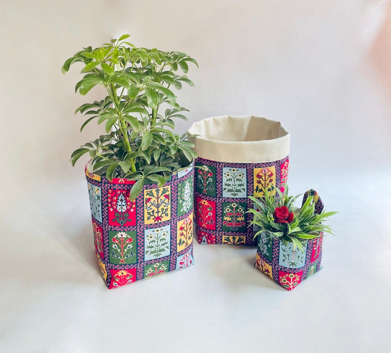 Boho Fabric Basket Indoor Fabric Planter Plant Pot Holder Storage Basket Home Décor Plant Basket Washable Fabric Bin image 6