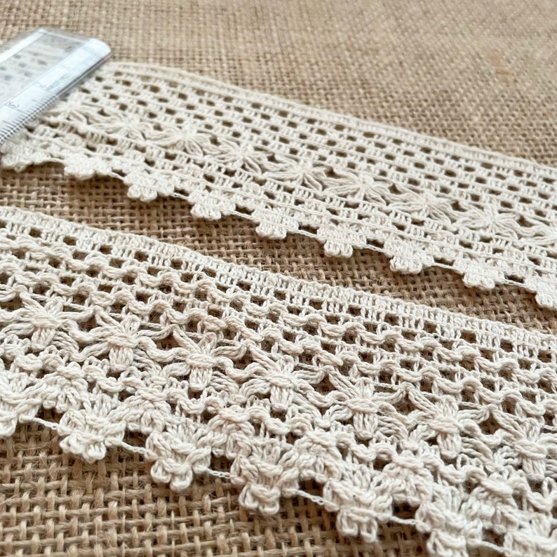 Handmade 100% Cotton Crochet Lace Trim 45mm Unbleached Natural Cotton Lace, ivory braided trim, beige color lace image 6