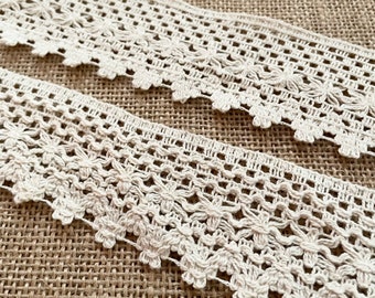 Handmade 100% Cotton Crochet Lace Trim 45mm Unbleached Natural Cotton Lace, ivory braided trim, beige color lace