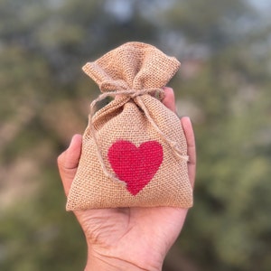 Hand painted Red Heart Pouch Hessian Style Intimate Jute Burlap Style Gift Bags Pouches for Weddings, Parties, and Events Gifting Supply