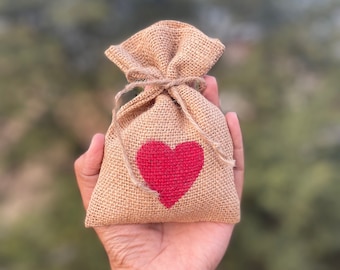 Hand painted Red Heart Pouch Hessian Style Intimate Jute Burlap Style Gift Bags Pouches for Weddings, Parties, and Events Gifting Supply