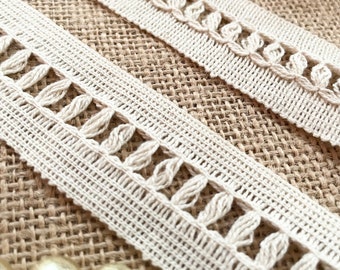 Handmade 100% Cotton Crochet Lace Trim 30mm Unbleached Natural Cotton Lace, ivory braided trim, beige color lace