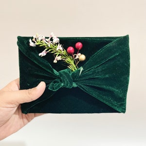 クリスマスギフトラッピング 環境に優しい再利用可能なギフトラッピング エメラルドグリーンカラーのベルベット風呂敷ラッピングクロス 自分で縫った風呂敷