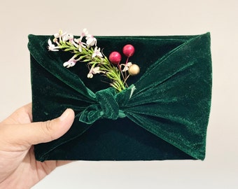 Valentines Gift Wrapping Eco-Friendly Reusable Gift Wrapping Emerald Green Color Velvet Furoshiki Wrapping Cloth my self-sewn Furoshiki