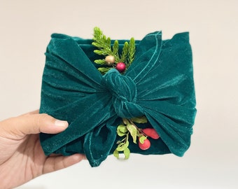 Valentines Gift Wrapping Eco-Friendly Reusable Gift Wrapping Hunter Green Color Velvet Furoshiki Wrapping Cloth my self-sewn Furoshiki