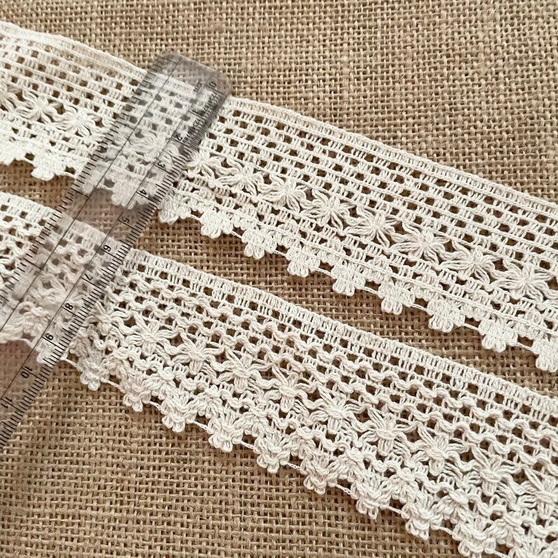Handmade 100% Cotton Crochet Lace Trim 45mm Unbleached Natural Cotton Lace, ivory braided trim, beige color lace image 2