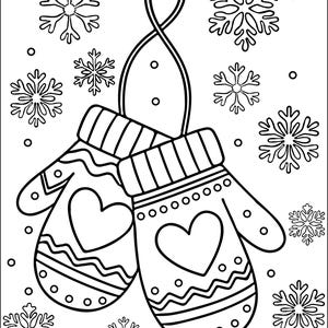 Può includere: Illustrazione in bianco e nero di un paio di guanti con disegni a cuore, appesi a un anello. Fiocchi di neve e punti sono sparsi intorno ai guanti, creando un tema invernale.