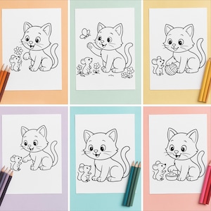 Cat Coloring Pages for Kids – 6 Printable Black and White – Cute Mouse Activity for Toddlers, Preschool, Kindergarten – Instant Download