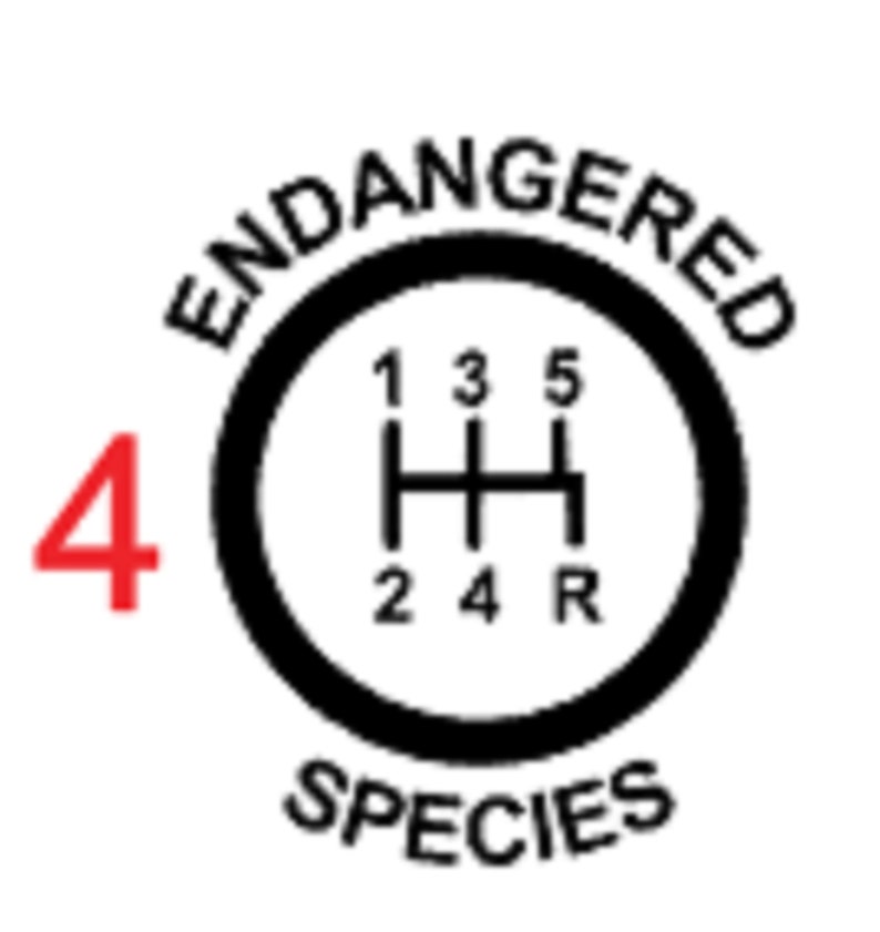 Może przedstawiać: Czarno-biały grafika przedstawiająca dźwignię zmiany bieg&oacute;w z numerami 1, 2, 3, 4, 5 i R. Tekst "ENDANGERED SPECIES" jest napisany w k&oacute;łku wok&oacute;ł dźwigni zmiany bieg&oacute;w. Liczba 4 jest napisana na czerwono po lewej stronie dźwigni zmiany bieg&oacute;w.